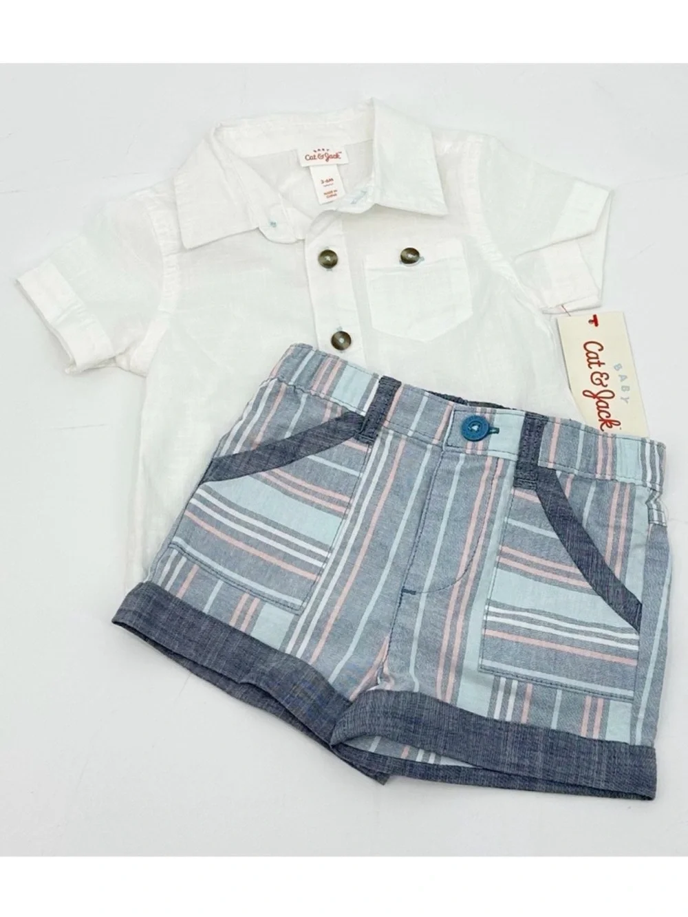 Cat & Jack Baby Boy 2-Piece Outfit Button Down Shirt & Chambray Shorts 3–6M NWT